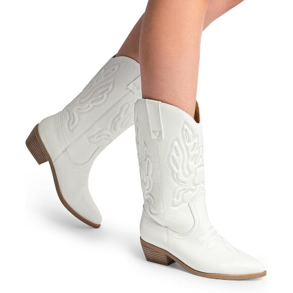 Women's White-pu Mid Calf Western Embroidery Stitched Faux Leather Cowgirl Boots - Picture 7 of 7